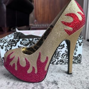 Pleaser Heels Rhinestone Red Flames and gold glitter .Sexy size 9